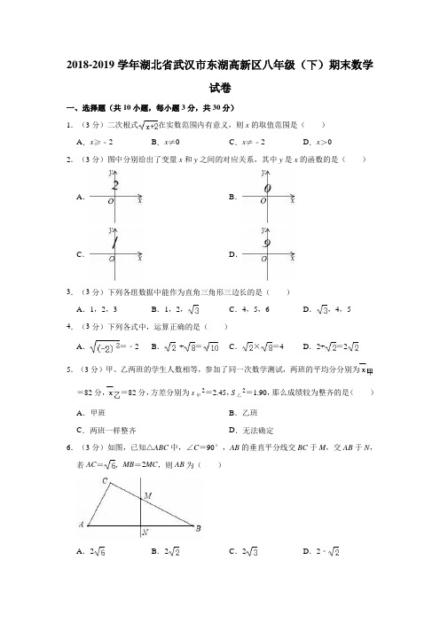 2018-2019学年湖北省武汉市东湖高新区八年级(下)期末数学试卷解析版