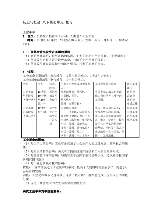 历史与社会 八下第七单元 复习