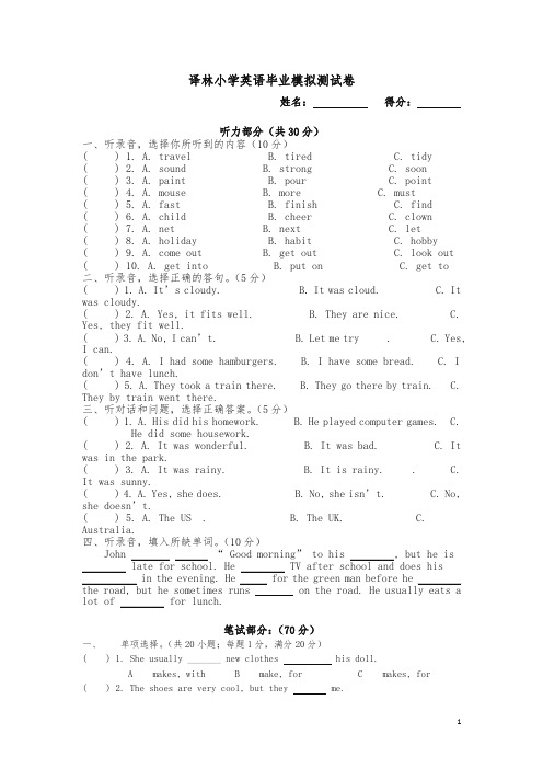 译林小学英语毕业模拟试卷-小升初