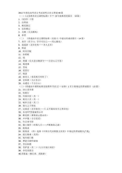 2012年湖北高考语文考试说明古诗文背诵40篇