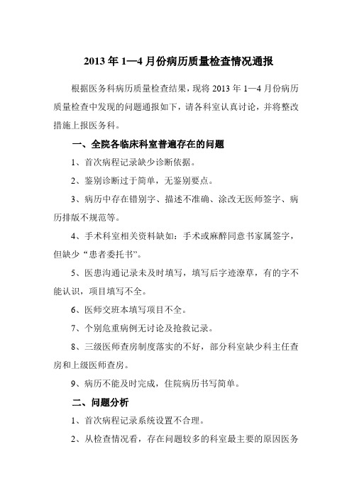 2013年1-4月份医疗质量检查情况通报