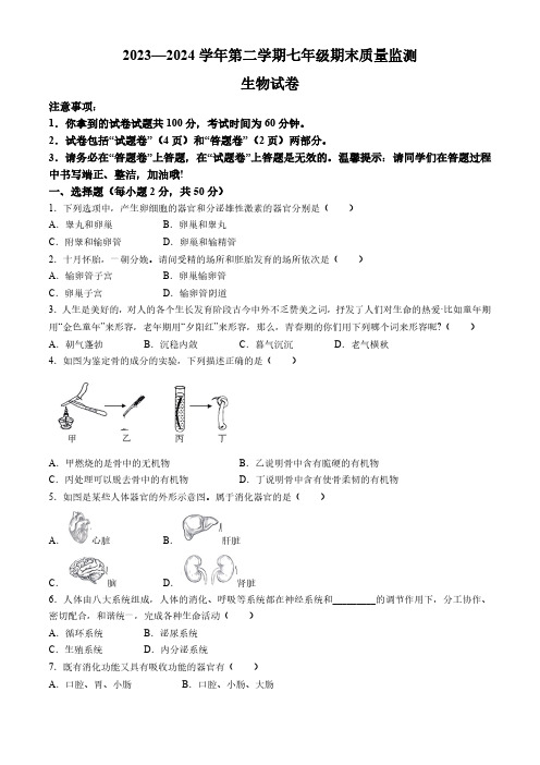 安徽省滁州市凤阳县2023-2024学年七年级下学期6月期末考试生物试题(含答案)