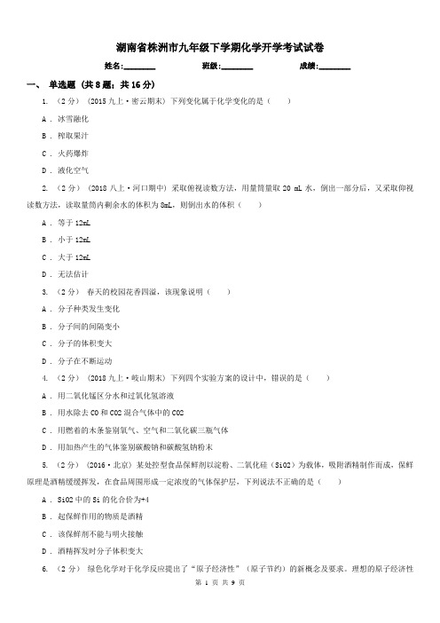 湖南省株洲市九年级下学期化学开学考试试卷
