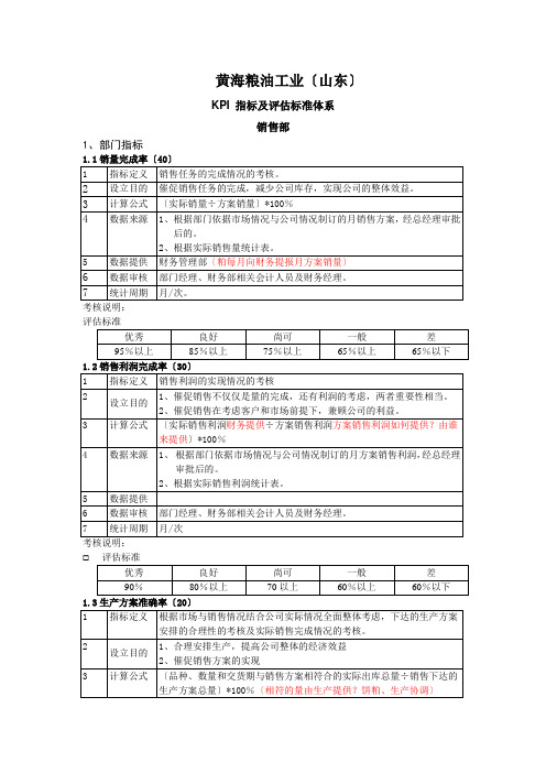 绩效管理-粮油公司KPI 指标及评估标准体系