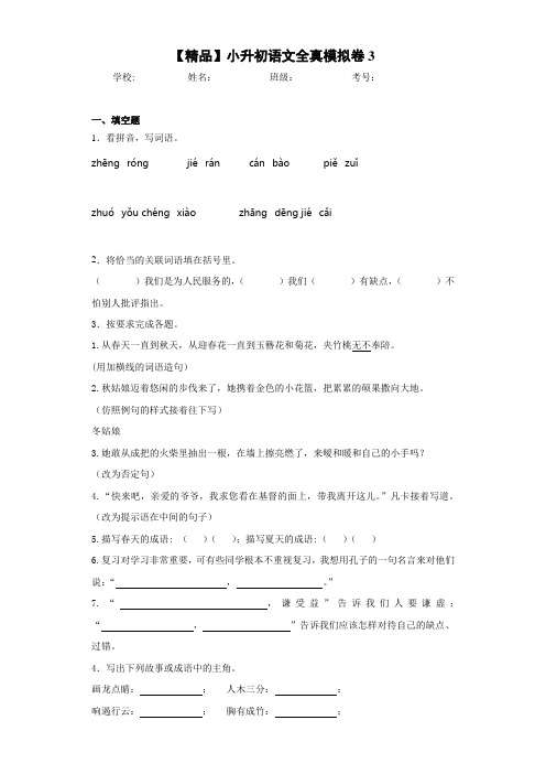 小学小升初语文全真模拟卷3(含答案解析)