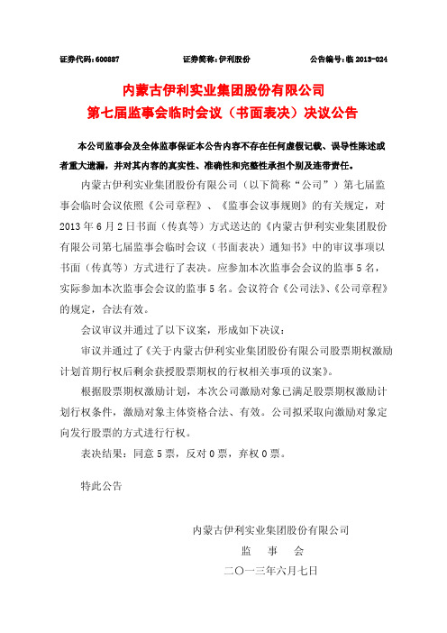 600887伊利股份第七届监事会临时会议(书面表决)决议公告