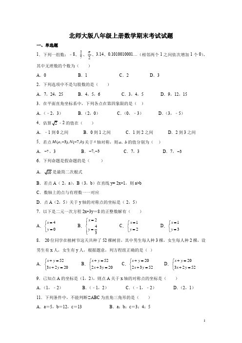 北师大版八年级上册数学期末考试试卷及答案