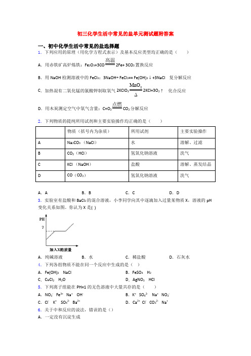 初三化学生活中常见的盐单元测试题附答案