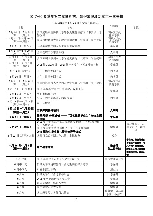 2017-2018学年第二学期期末、暑假放假和新学年开学安排