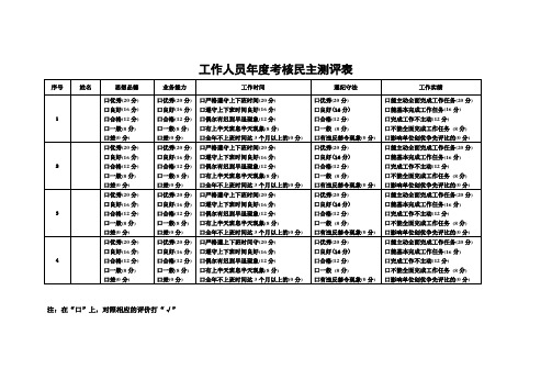 工作人员年度考核民主测评表