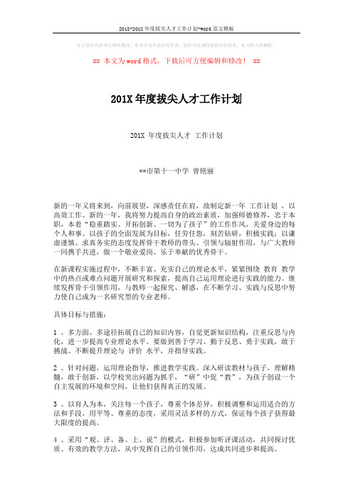 2018-201X年度拔尖人才工作计划-word范文模板 (2页)