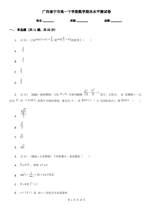 广西南宁市高一下学期数学期末水平测试卷