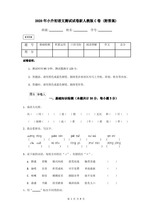 2020年小升初语文测试试卷新人教版C卷 (附答案)