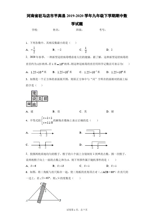河南省驻马店市平舆县2019-2020学年九年级下学期期中数学试题