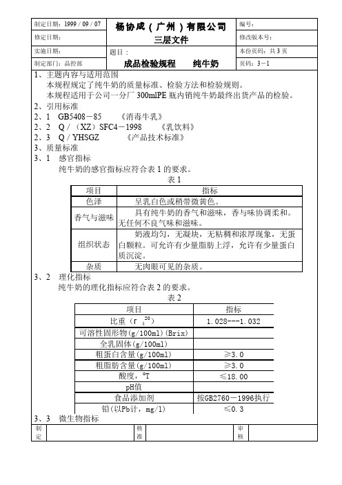 成品检验规程  纯牛奶