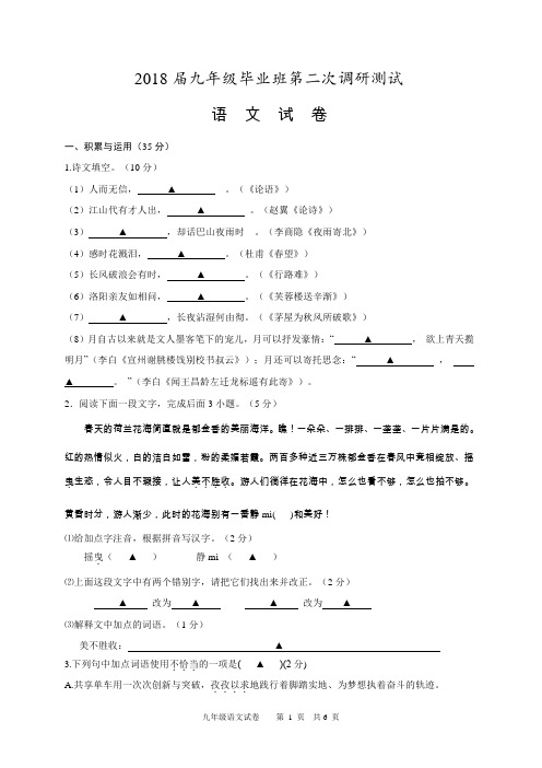 江苏省盐城市大丰区2018年中考二模语文试题及答案