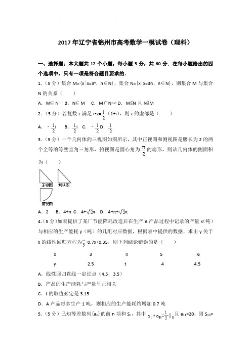 2017年辽宁省锦州市高考数学一模试卷(理科)