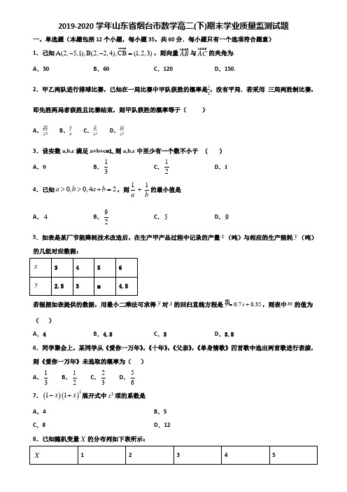 2019-2020学年山东省烟台市数学高二下期末学业质量监测试题含解析
