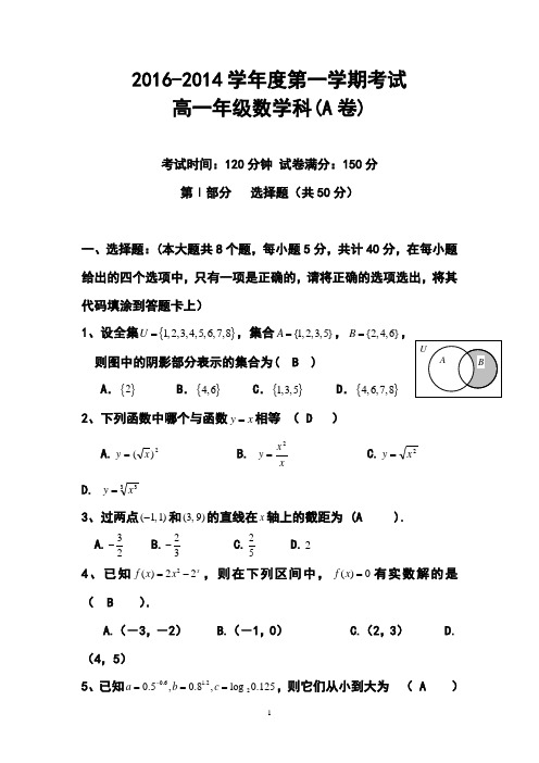 2016-2017学年度福建省高一第一学期期末复习考试数学(