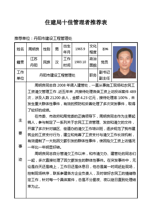 住建局十佳管理者推荐表
