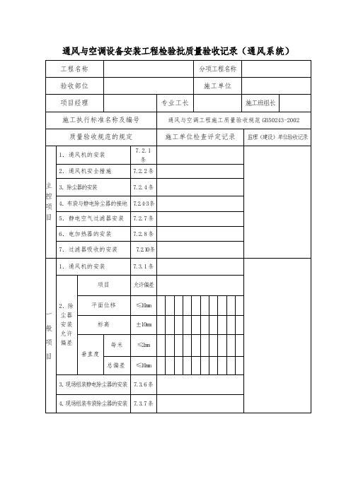 通风与空调设备安装工程检验批质量验收记录(通风系统)