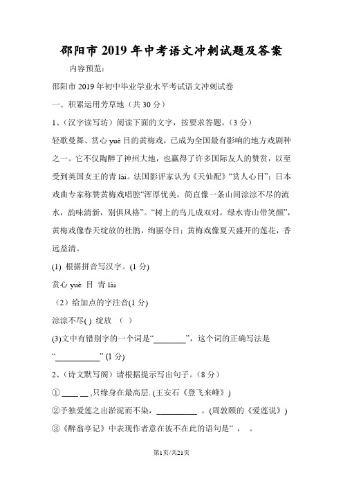 邵阳市中考语文冲刺试题及答案