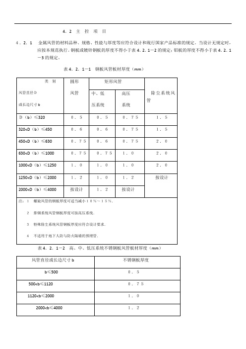 风管尺寸及钢板厚度对比表