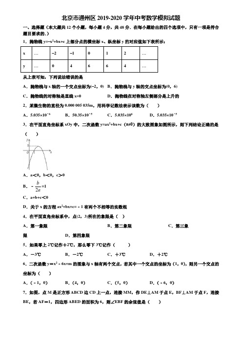 北京市通州区2019-2020学年中考数学模拟试题含解析