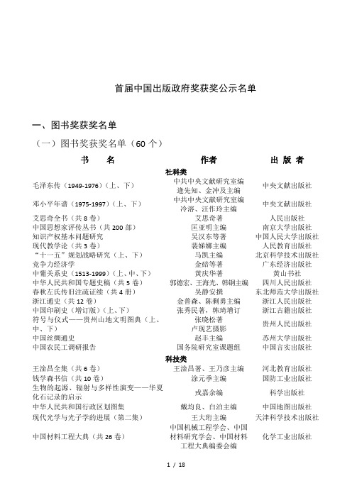 首届中国出版政府奖获奖公示名单