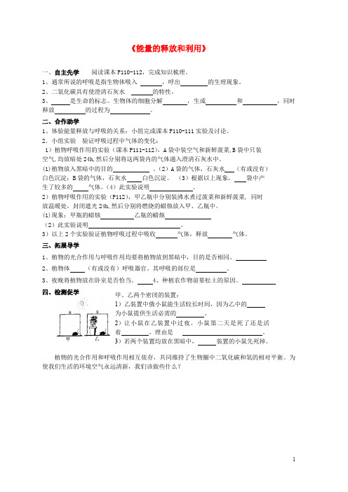 七年级生物上册 7.1 能量的释放和利用学案(无答案)(新版)苏科版