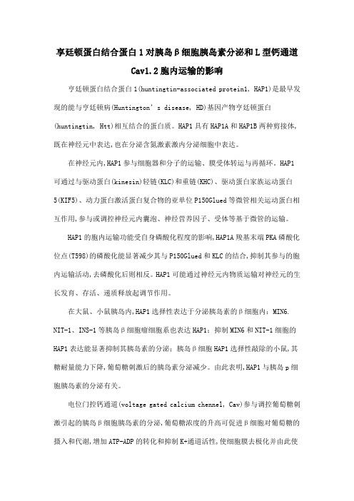享廷顿蛋白结合蛋白1对胰岛β细胞胰岛素分泌和L型钙通道Cav1.2胞内运输的影响