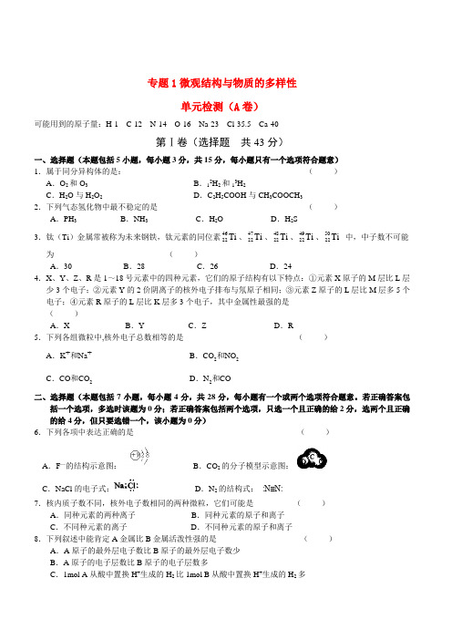 高中化学 专题1 微观结构与物质的多样性—单元检测(A卷) 苏教版必修2