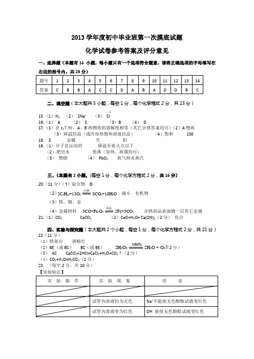2013学年度初中毕业班第一次摸底试题参考答案