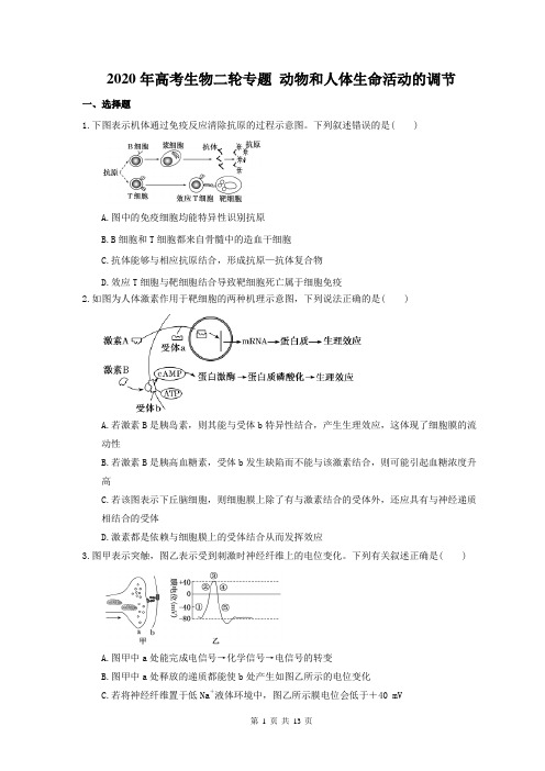 【高考二轮】2020年高考生物二轮专题 动物和人体生命活动的调节 25题(含答案解析)