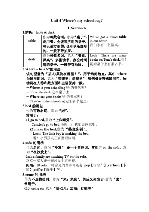 Unit 4 Where's my schoolbag 教材重要知识点梳理人教版英语七年级上册