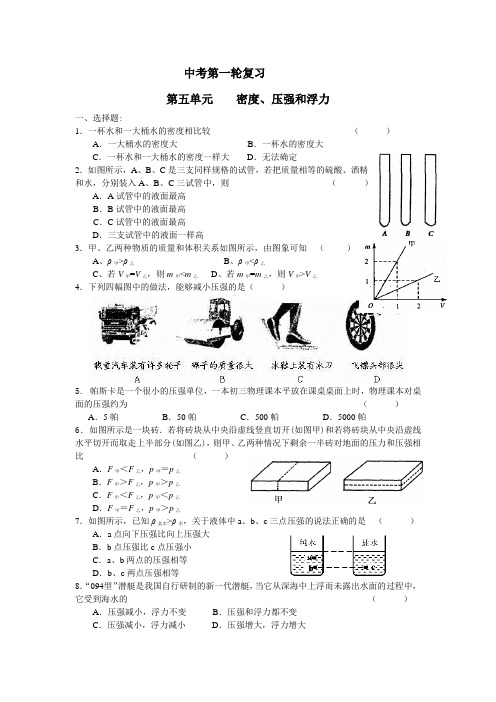 上海初三物理中考第一轮复习 第五单元  密度 压强与浮力