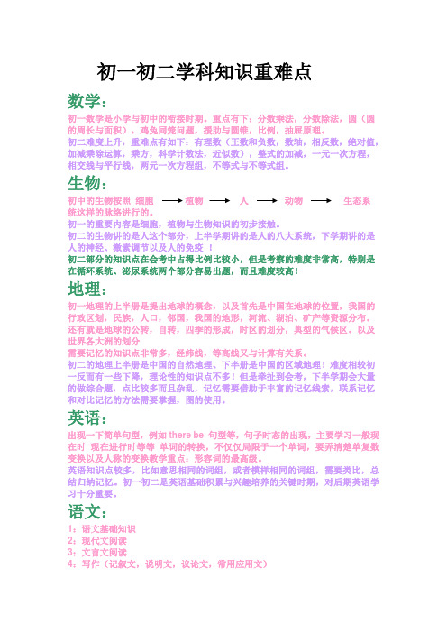 初一初二学科重难点(重点科目)
