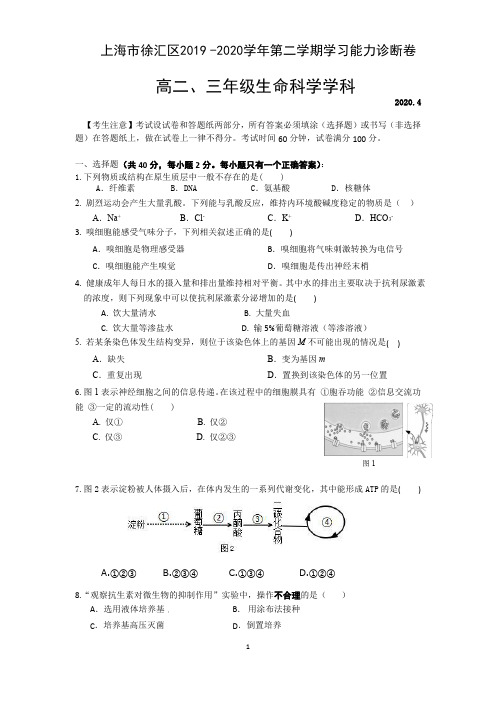 上海市徐汇区2019-2020 学年第二学期学习能力诊断卷 高二、三年级生命科学学科 含答案