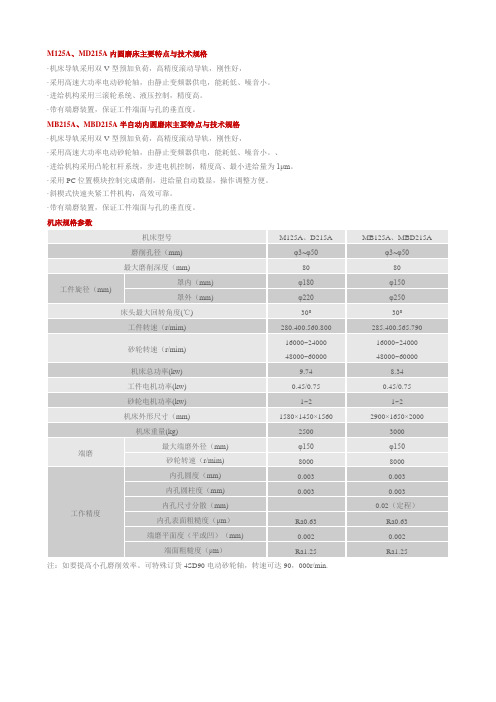 M125A、MD215A内圆磨床主要特点与技术规格