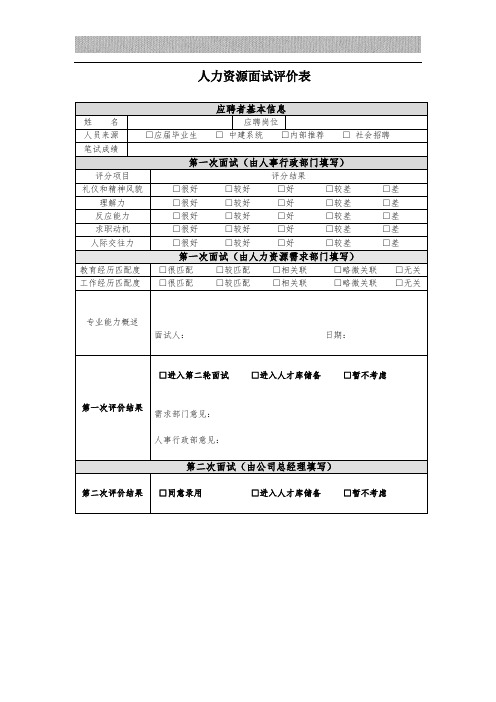 人力资源面试评价表