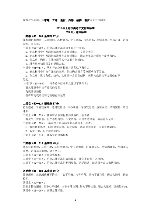 2012年上海高考作文批改标准