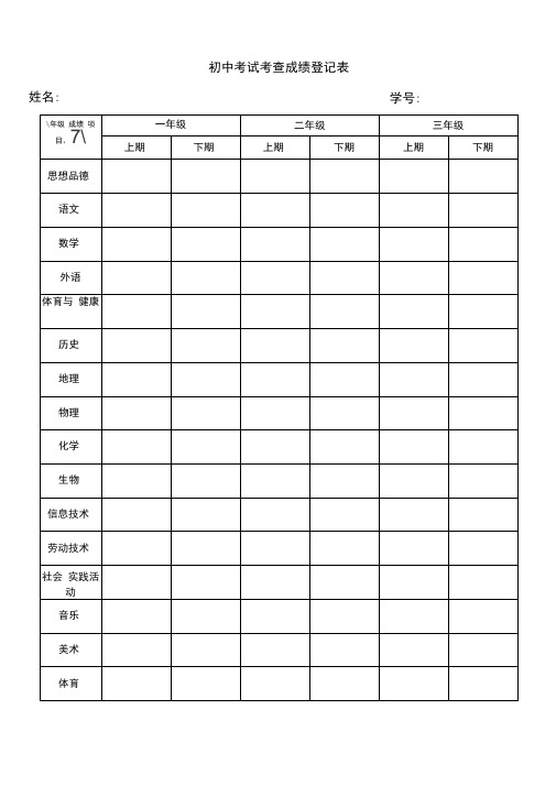 初中考试考查成绩登记表