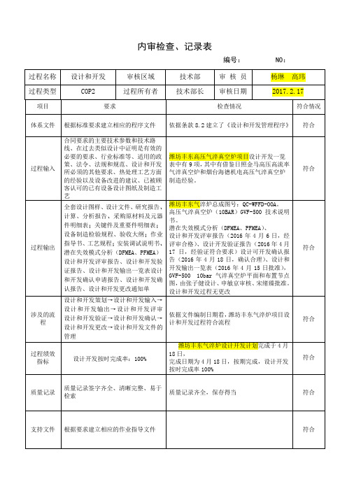 COP2设计和开发过程内审检查表