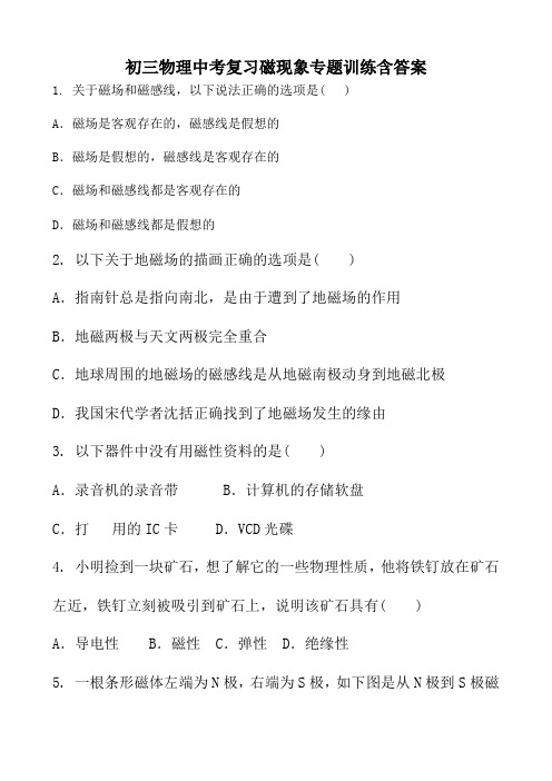 初三物理中考复习磁现象专题训练含答案
