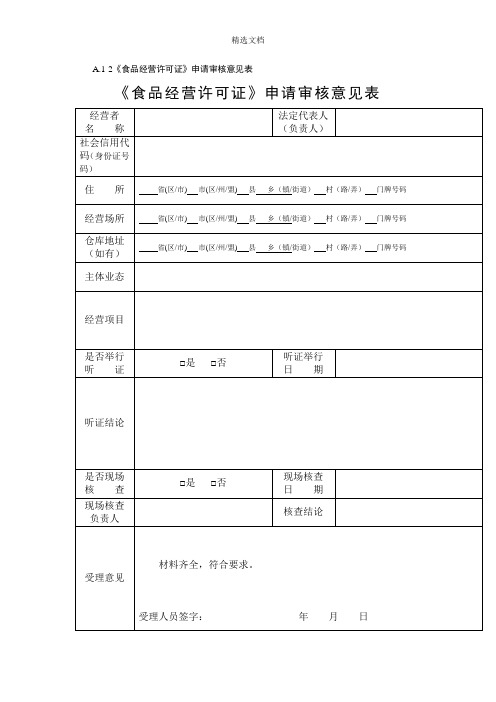 《食品经营许可证》申请审核意见表