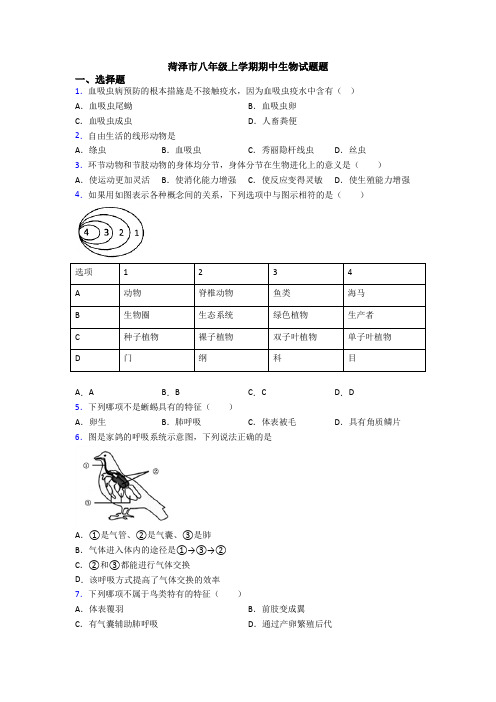 菏泽市八年级上学期期中生物试题题