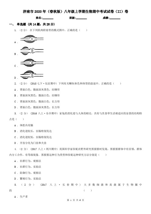 济南市2020年(春秋版)八年级上学期生物期中考试试卷(II)卷
