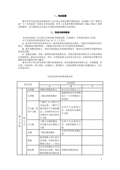 北京市中考数学 考试说明及详细解读 新人教版