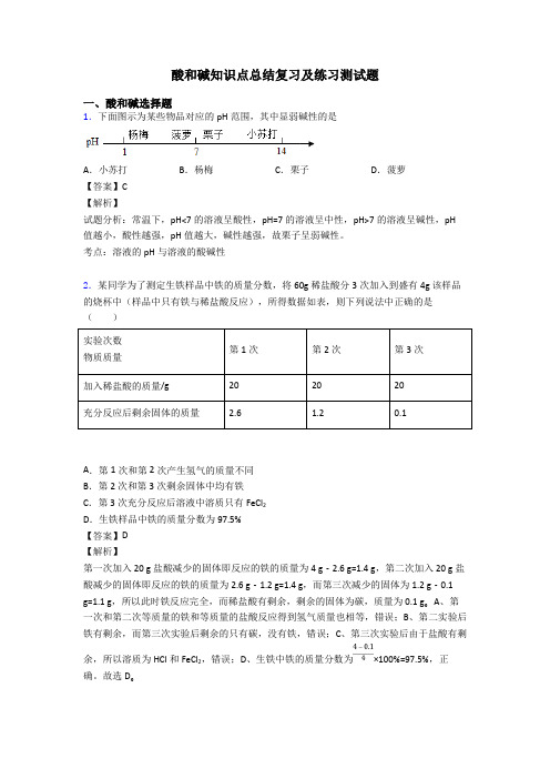 酸和碱知识点总结复习及练习测试题