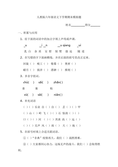 人教版六年级语文毕业冲刺试卷(5套)